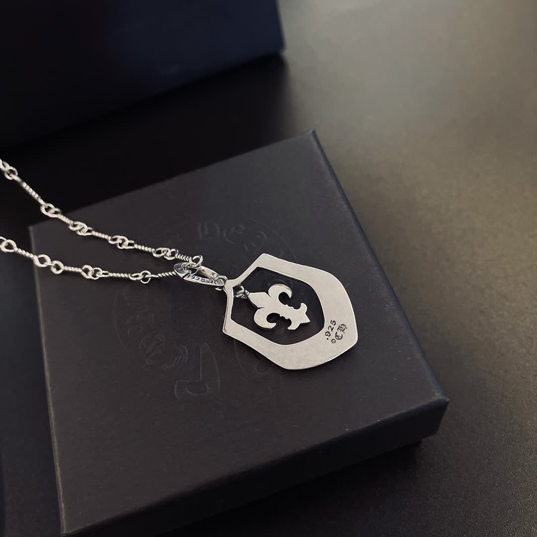 Chrome Hearts Silver Fleur-de-lis Shield Necklace